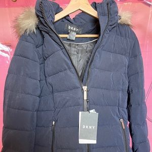 Dkny Navy Women’s Medium Quilted Jacket with Faux Fur Hood